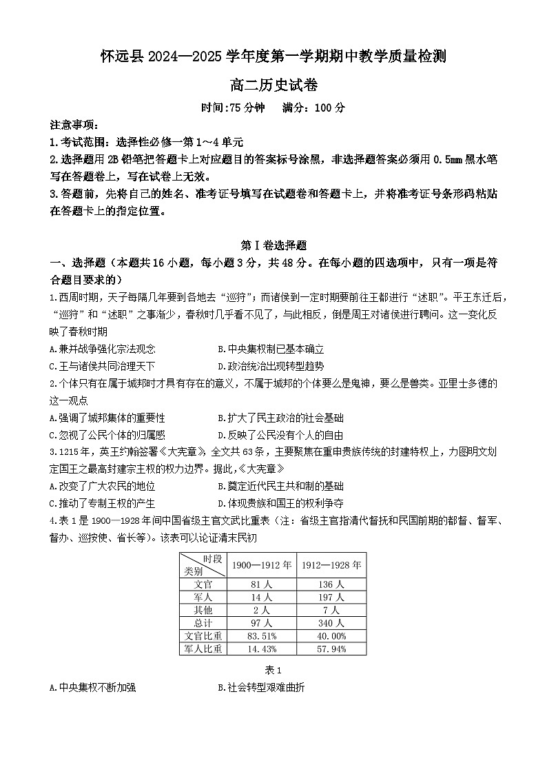 2025蚌埠怀远县高二上学期11月期中考试历史试题含答案第1页