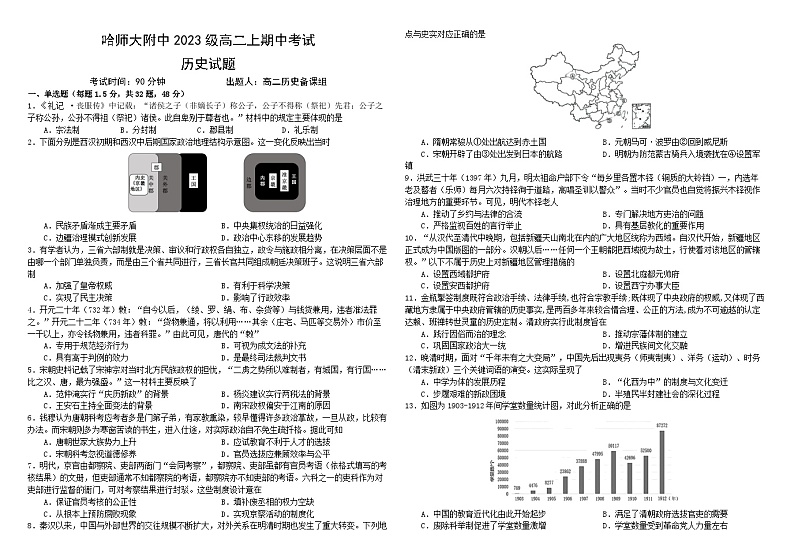 黑龙江省哈尔滨市哈尔滨师范大学附属中学2024-2025学年高二上学期期中历史试题第1页