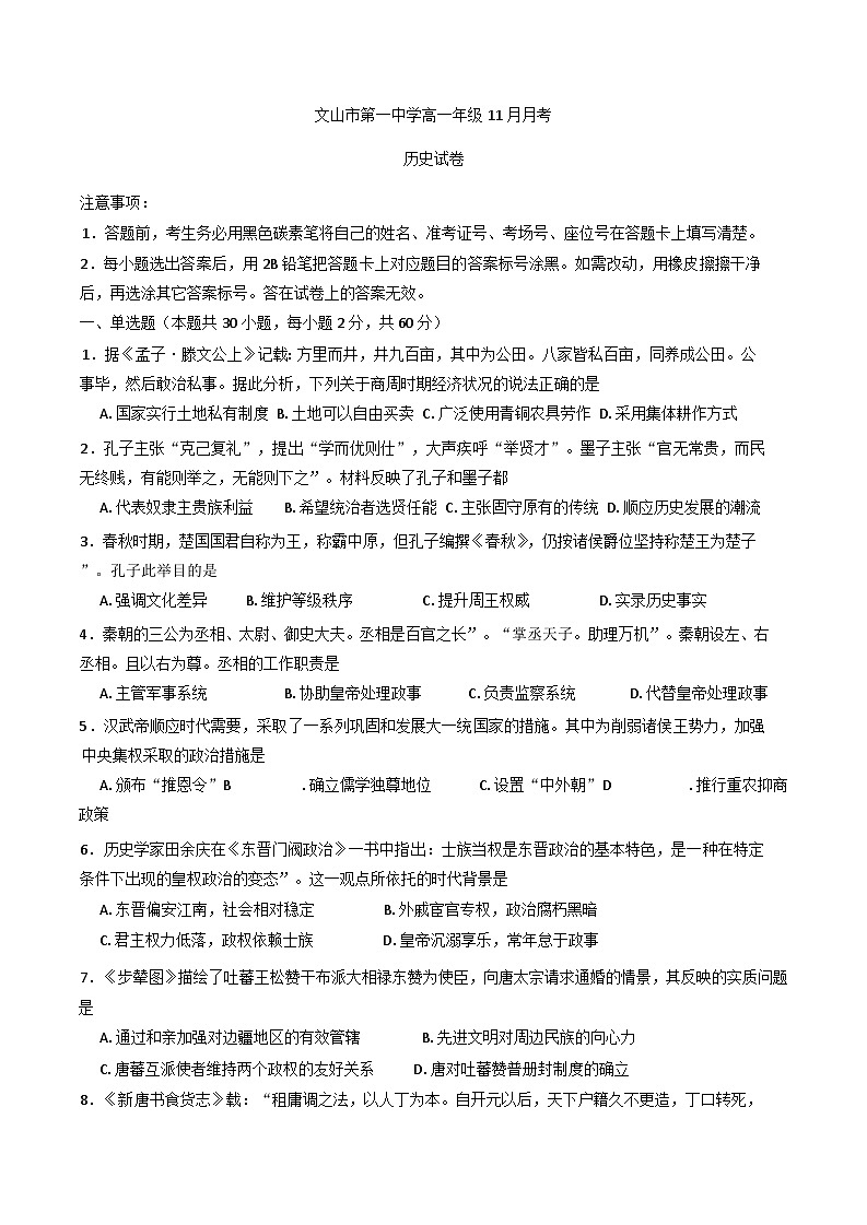 云南省文山壮族苗族自治州文山市第一中学2024-2025学年高一上学期11月月考历史试题第1页