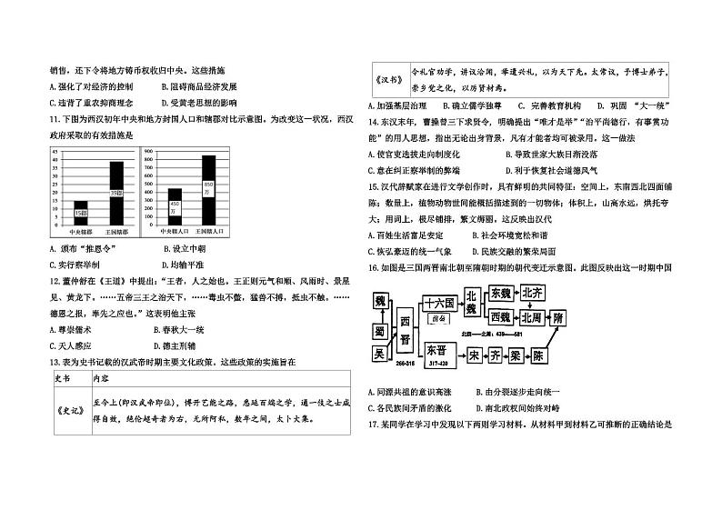 高一历史试题 -山东省潍坊市某校2024-2025学年高一上学期11月月考考试历史试题第2页