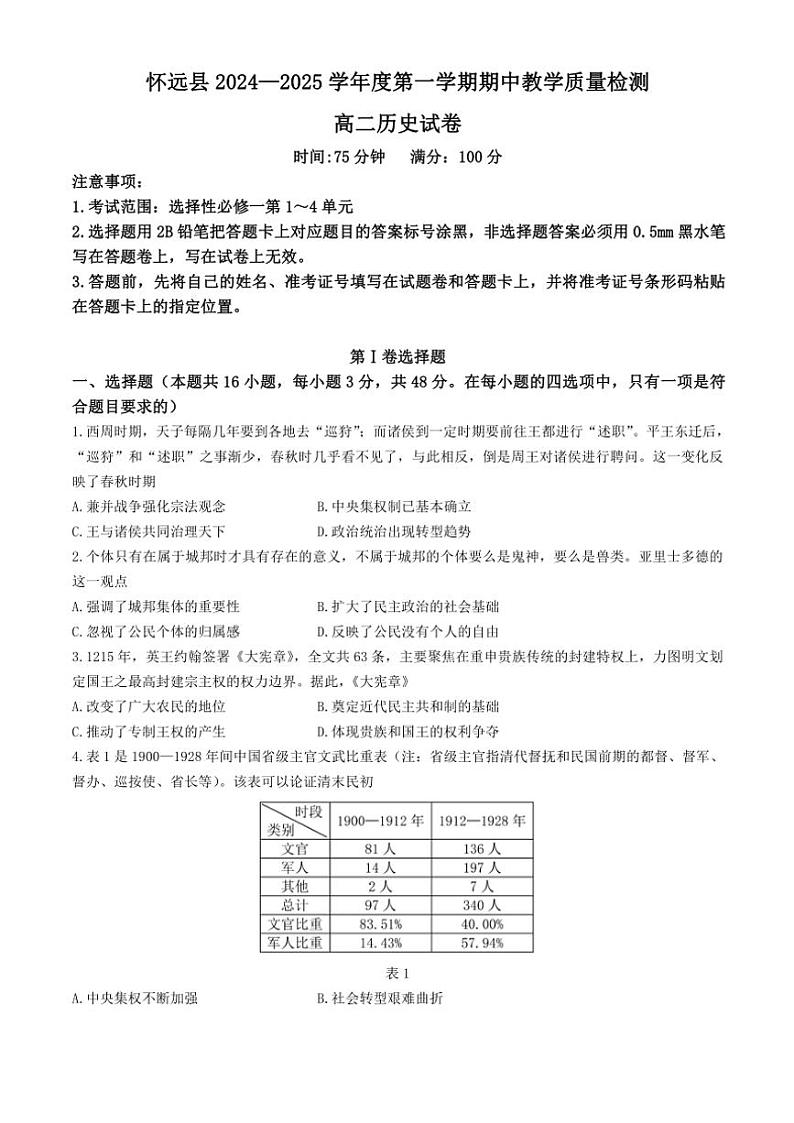 安徽省蚌埠市怀远县2024～2025学年高二(上)期中历史试卷(含答案)第1页