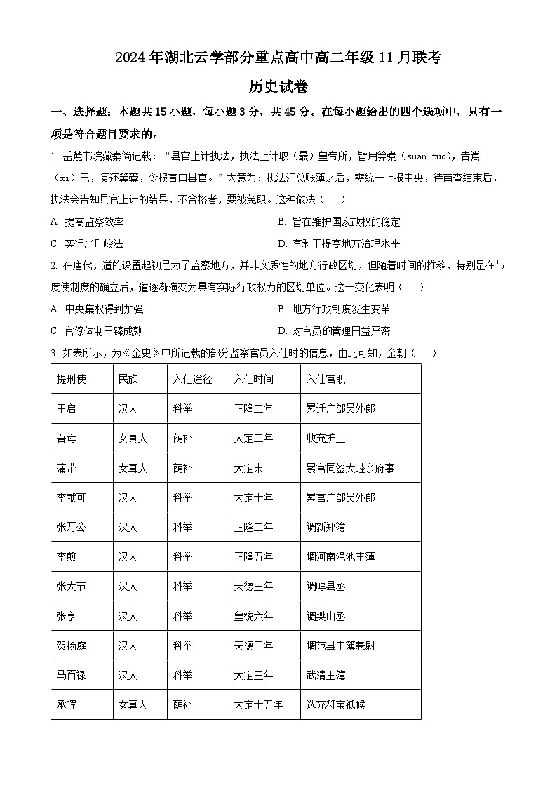 湖北省云学部分分重点高中2024-2025学年高二上学期11月联考（期中）历史试题 Word版无答案第1页
