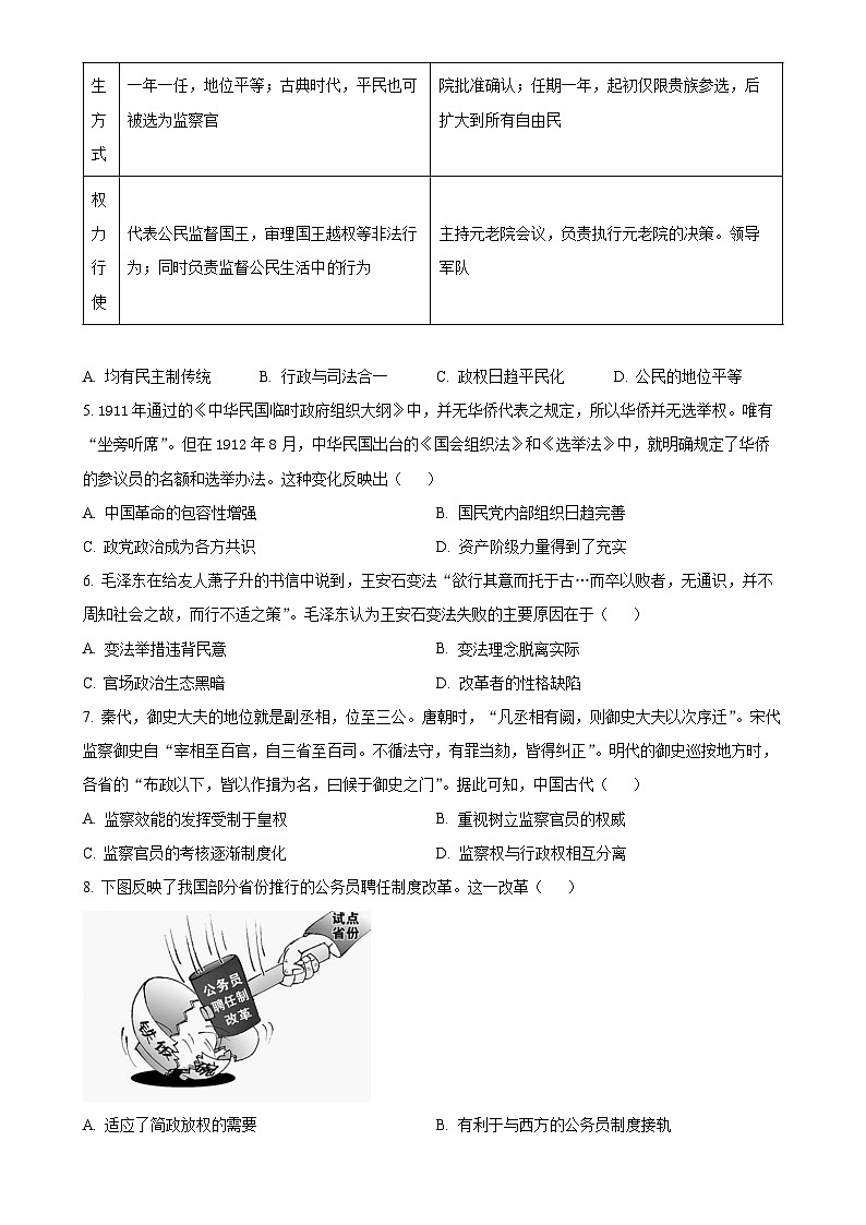 陕西省汉中市2024-2025学年高二上学期期中考试历史试题（原卷版）-A4第2页