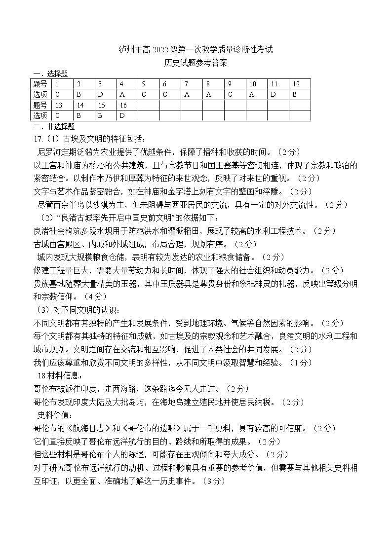 四川省泸州市高2022级第一次教学质量诊断性考试历史答案第1页
