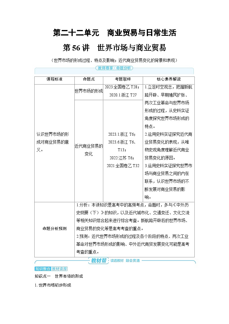 备战2025年高考历史精品教案第56讲世界市场与商业贸易（Word版附解析）第1页
