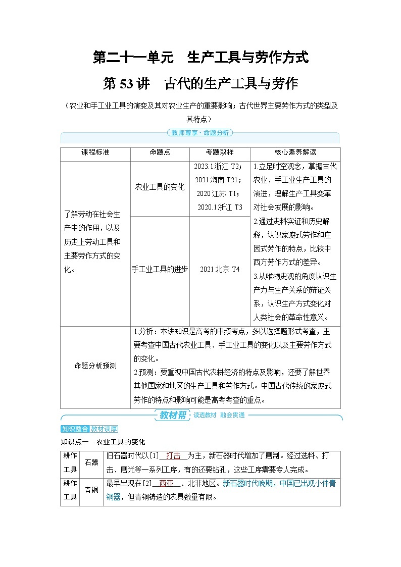 备战2025年高考历史精品教案第53讲古代的生产工具与劳作（Word版附解析）第1页