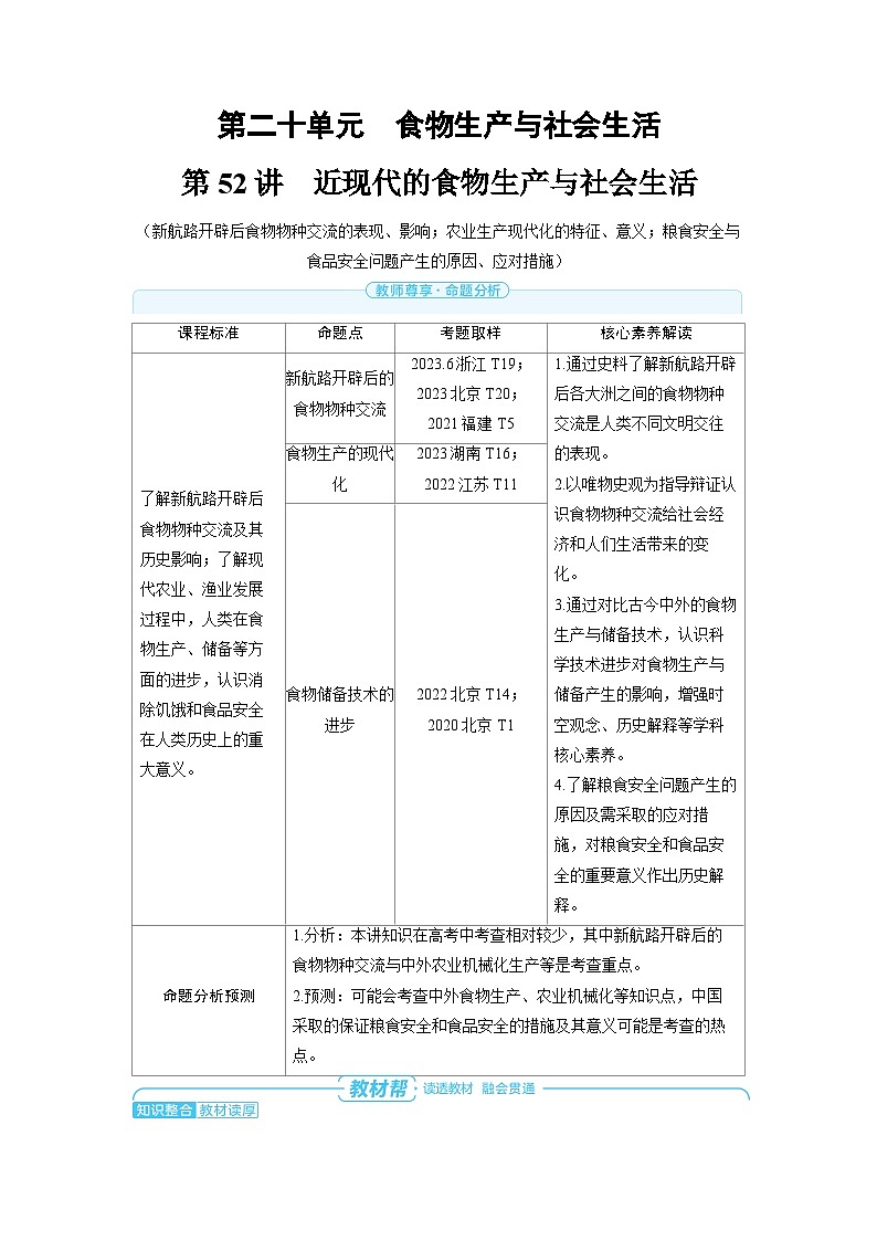 备战2025年高考历史精品教案第52讲近现代的食物生产与社会生活（Word版附解析）第1页
