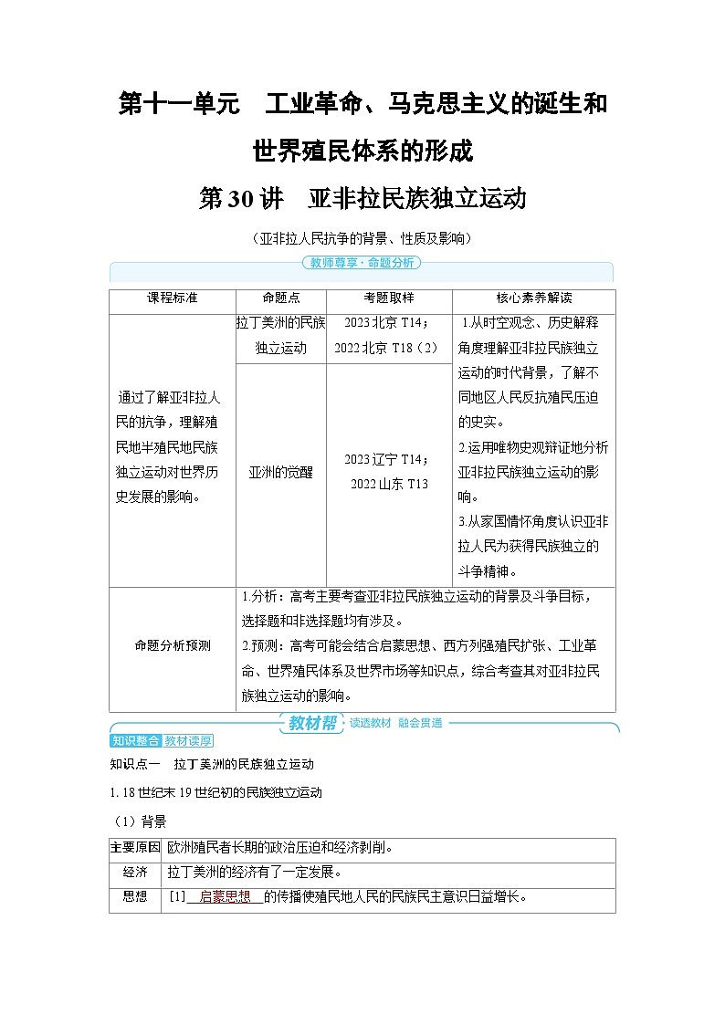 备战2025年高考历史精品教案第30讲亚非拉民族独立运动（Word版附解析）第1页
