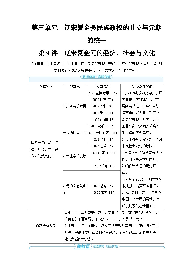 备战2025年高考历史精品教案第9讲辽宋夏金元的经济、社会与文化（Word版附解析）第1页