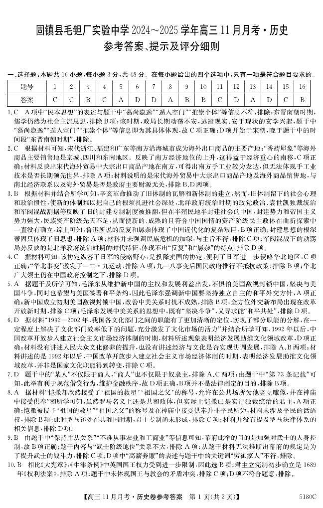 安徽毛坦厂实验中学2025届高三11月期中考试历史答案第1页