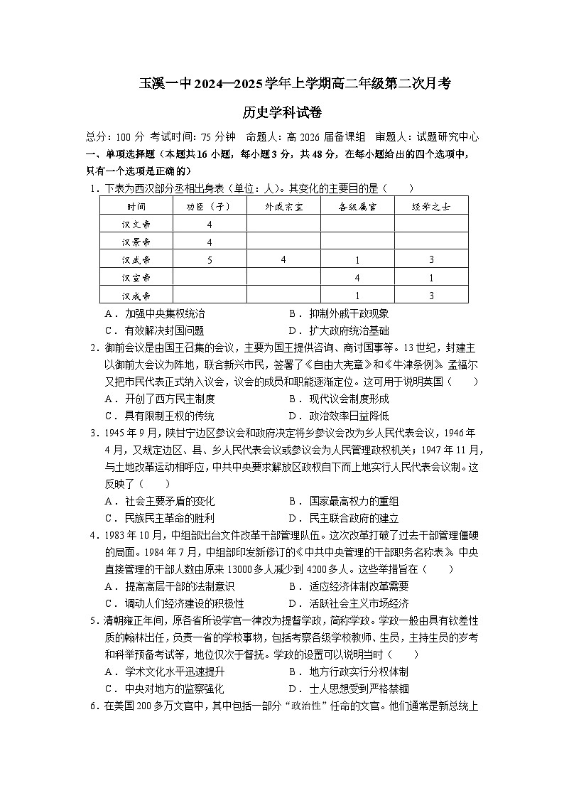 云南省玉溪市一中2024-2025学年高二上学期第二次月考历史试题 Word版含答案第1页