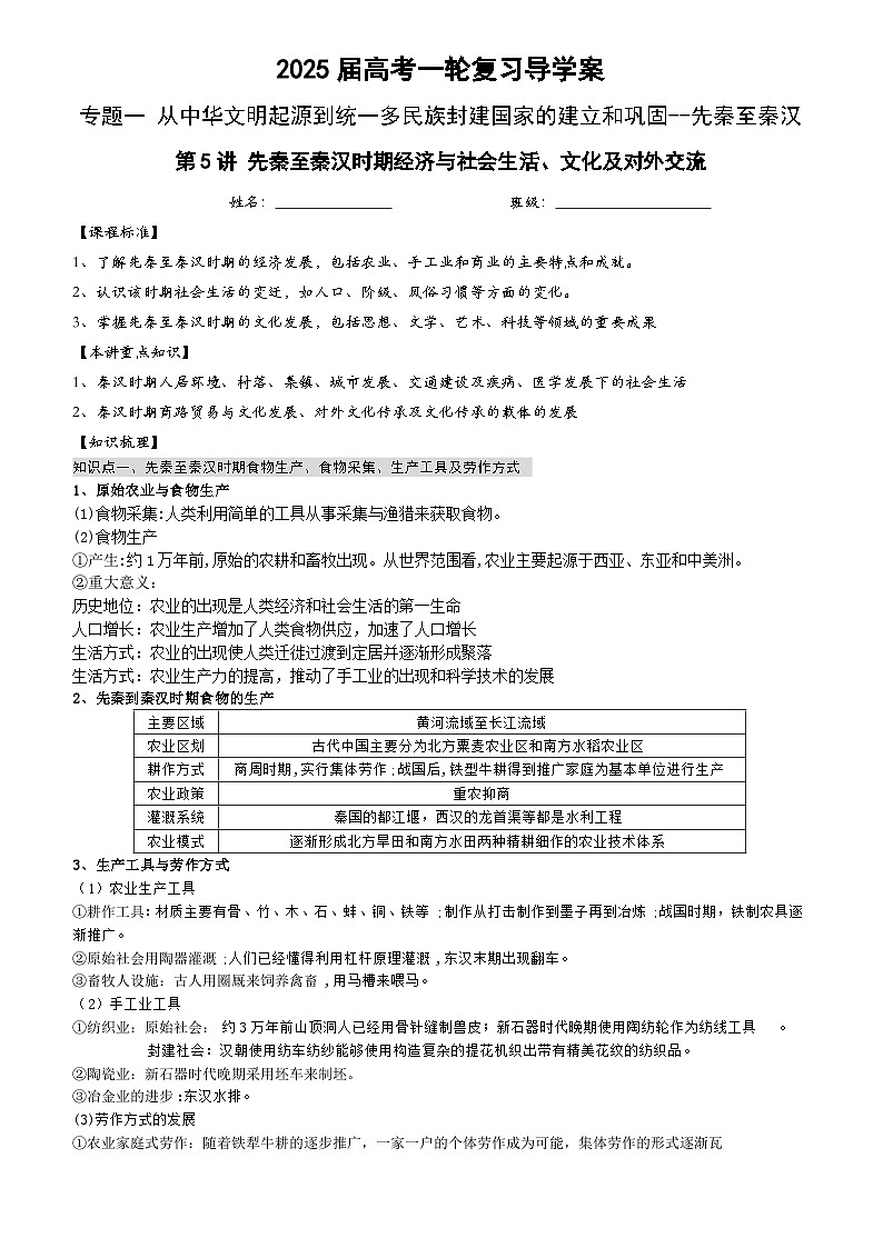 2025届高考历史一轮复习学案：第5讲 秦汉时期经济与社会生活、文化及对外交流第1页