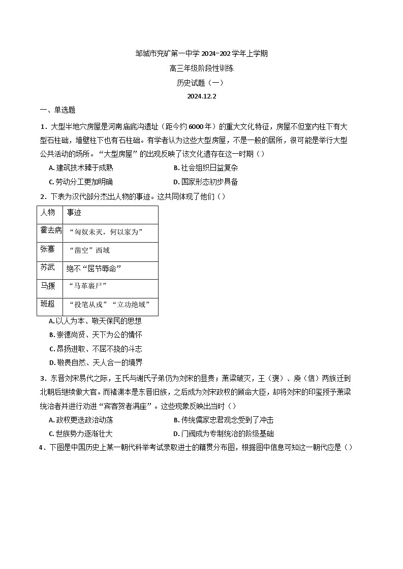 2024-2025学年度山东省邹城市兖矿第一中学高三上学期阶段性训练历史试题（一）(含解析)第1页