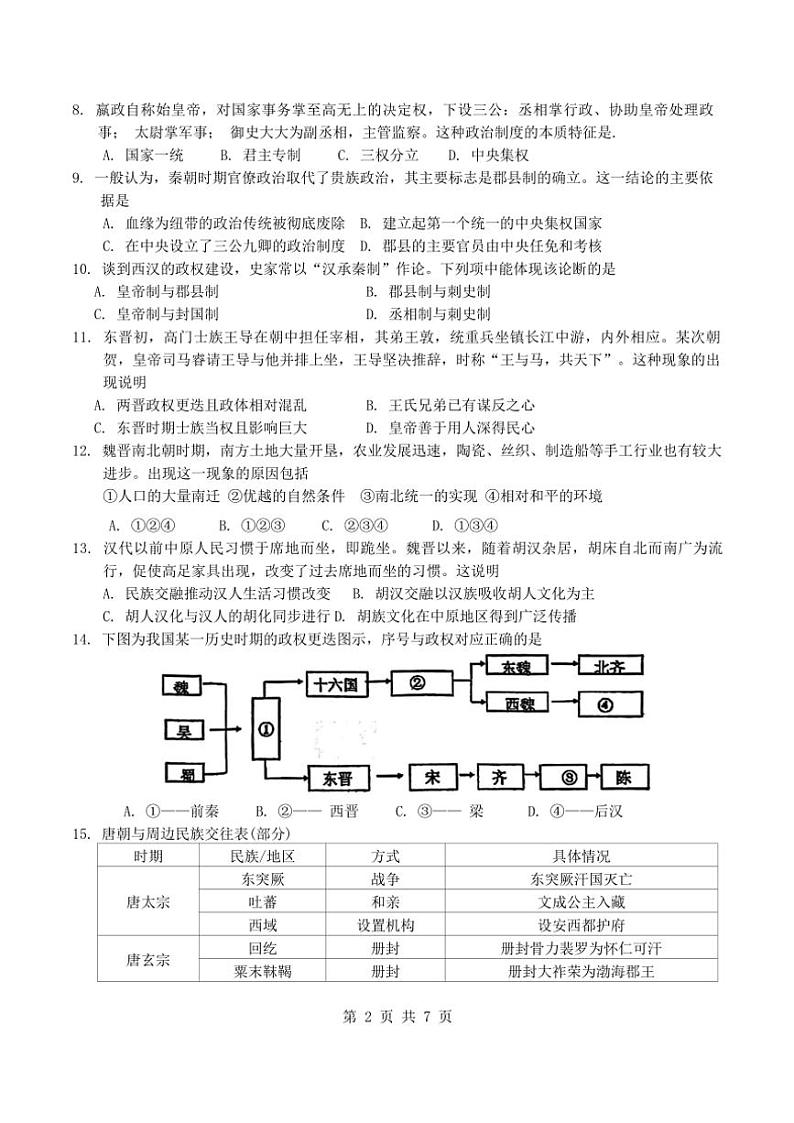 2024～2025学年天津市西青区张家窝中学高一(上)期中历史试卷(含答案)第2页