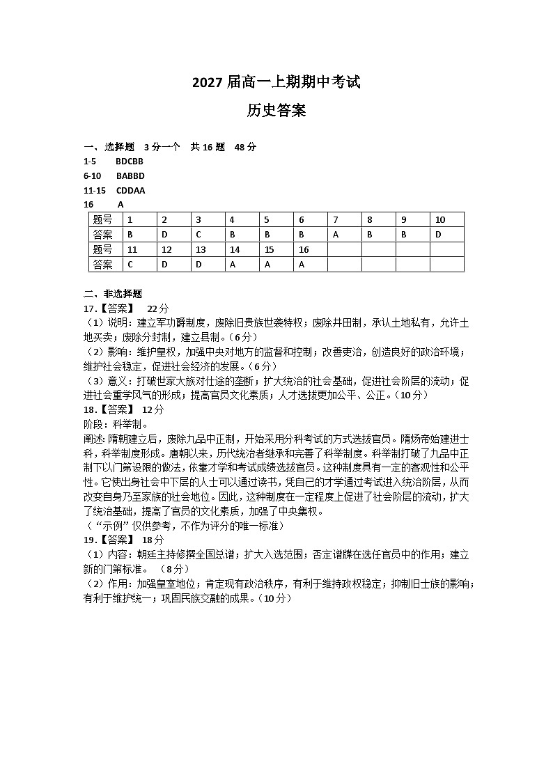 2027届高一上期期中考试历史答案第1页