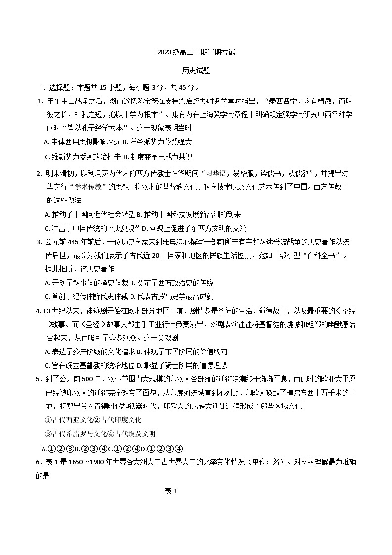 2024-2025学年度四川省眉山市东坡区冠城实验学校高二上学期期中考试历史试题第1页