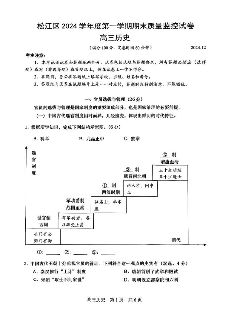 2024～2025学年上海市松江区高三(上)期末质量监控考试历史试卷(缺答案)第1页