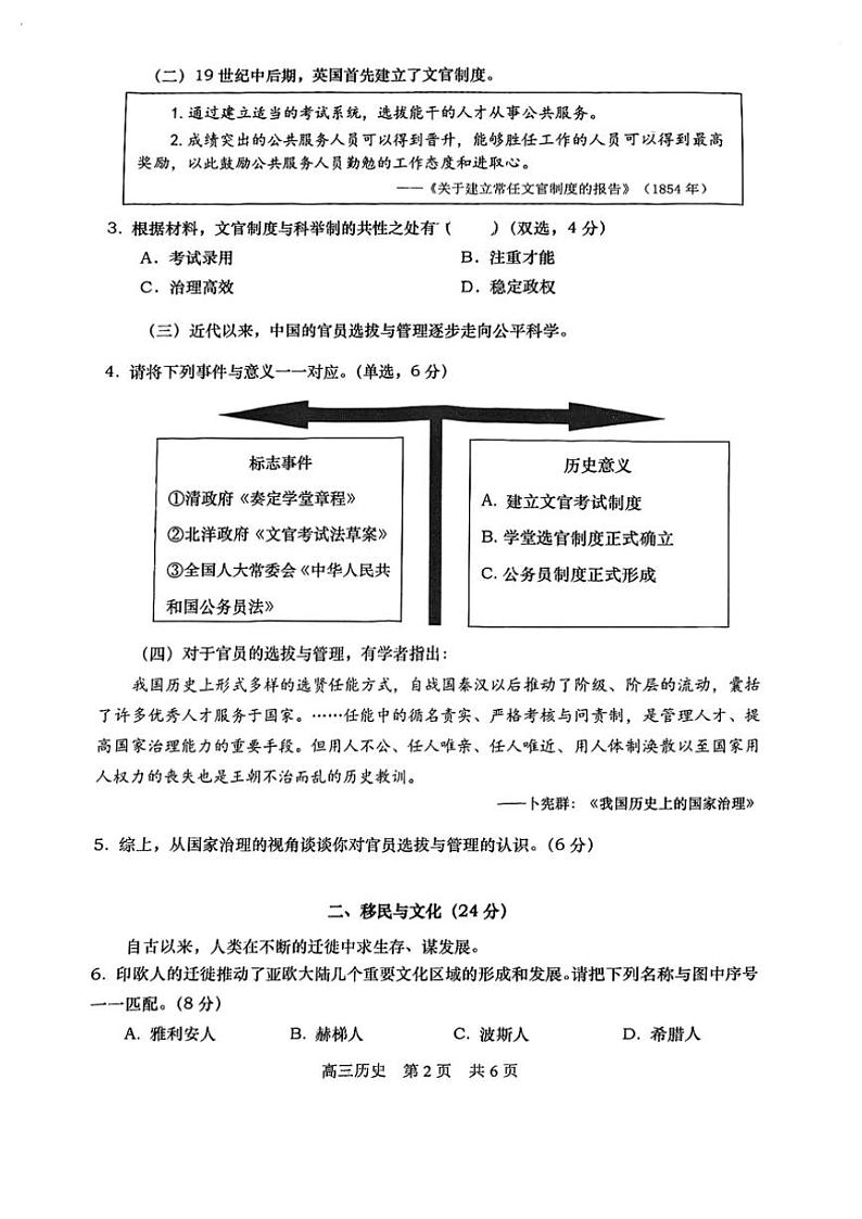 2024～2025学年上海市松江区高三(上)期末质量监控考试历史试卷(缺答案)第2页