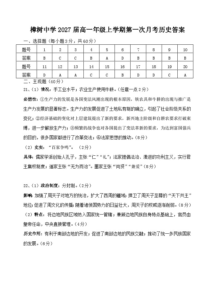 樟树中学2027届高一上学期第一次月考历史答案(1)第1页