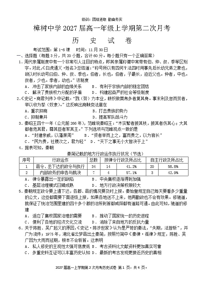 樟树中学2027届高一上学期第2次月考历史试卷第1页