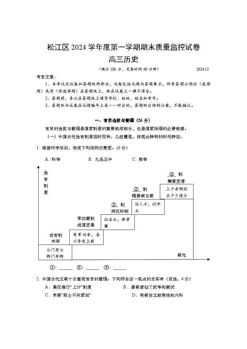 上海市松江区2024~2025学年高三上学期期末质量监控历史试卷第1页