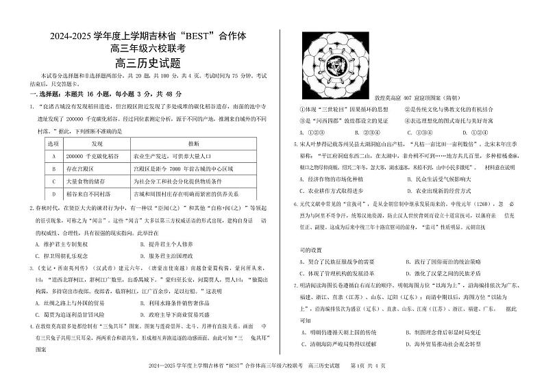 吉林省“BEST”合作体六校2025届高三上学期12月考-历史试卷+答案第1页