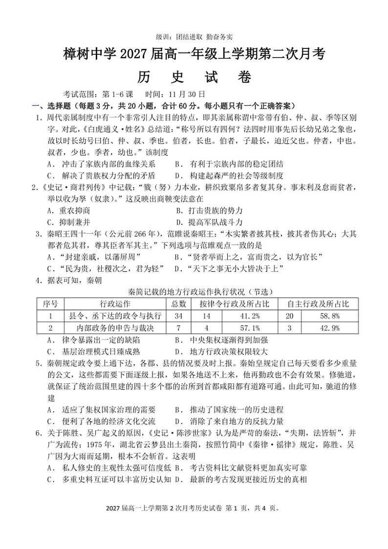 2024～2025学年江西省宜春市樟树中学高一(上)第二次月考历史试卷(含答案)第1页