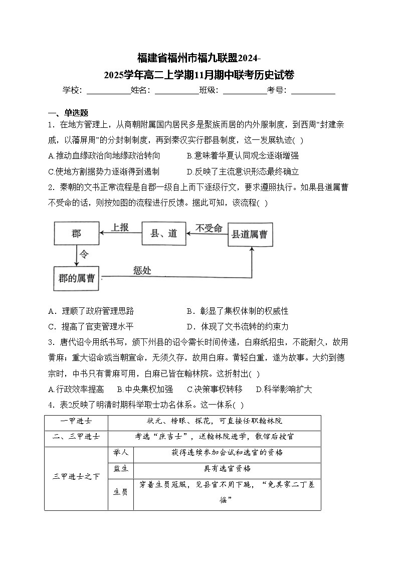 福建省福州市福九联盟2024-2025学年高二上学期11月期中联考历史试卷(含答案)第1页