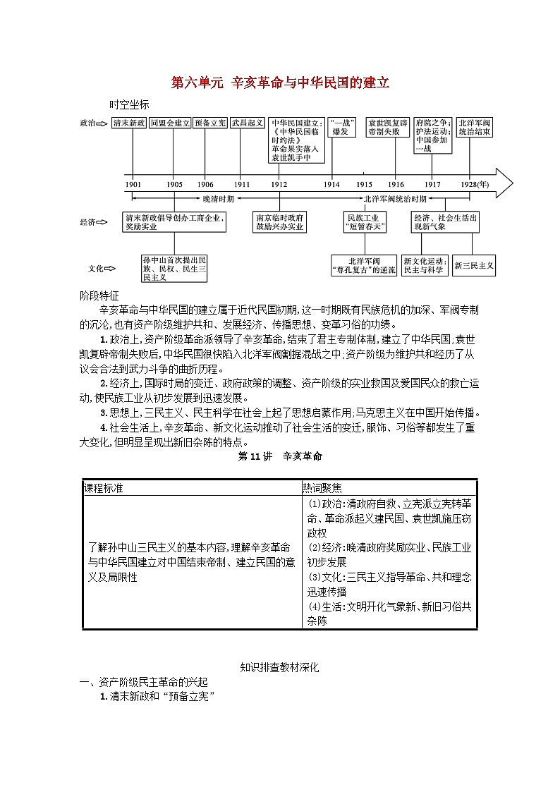 新教材高考历史一轮总复习第六单元辛亥革命与中华民国的建立第11讲辛亥革命学案第1页