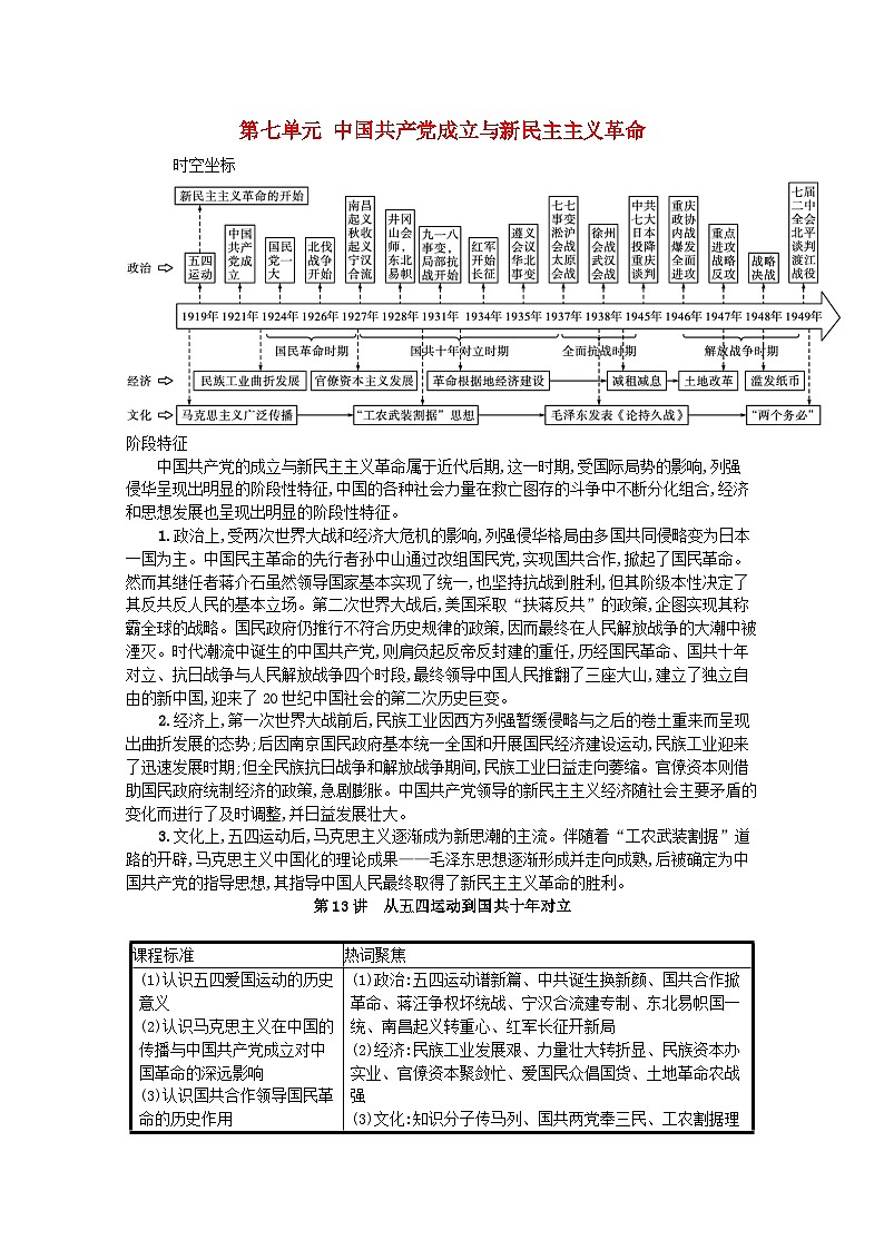 新教材高考历史一轮总复习第七单元中国共产党成立与新民主主义革命第13讲从五四运动到国共十年对立学案第1页