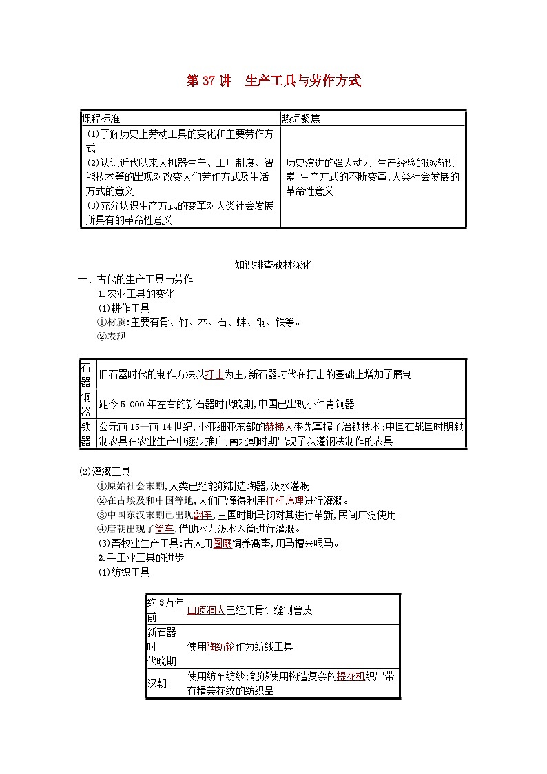 新教材高考历史一轮总复习第十五单元经济与社会生活第37讲生产工具与劳作方式学案第1页