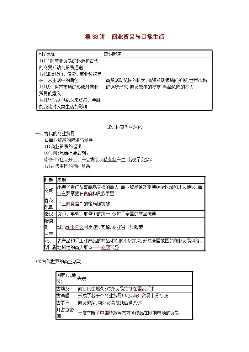 新教材高考历史一轮总复习第十五单元经济与社会生活第38讲商业贸易与日常生活学案第1页