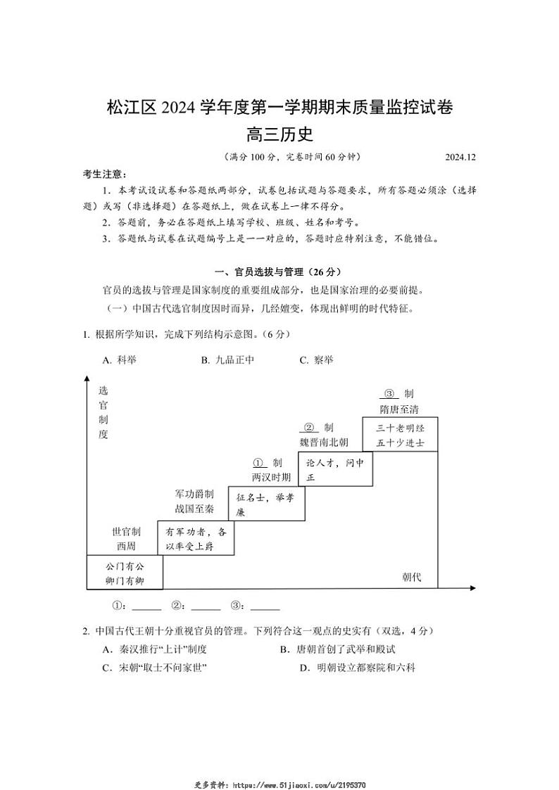 2024_2025学年上海市松江区高三(上)12月期末质量监控(一模)历史试卷(含答案)第1页