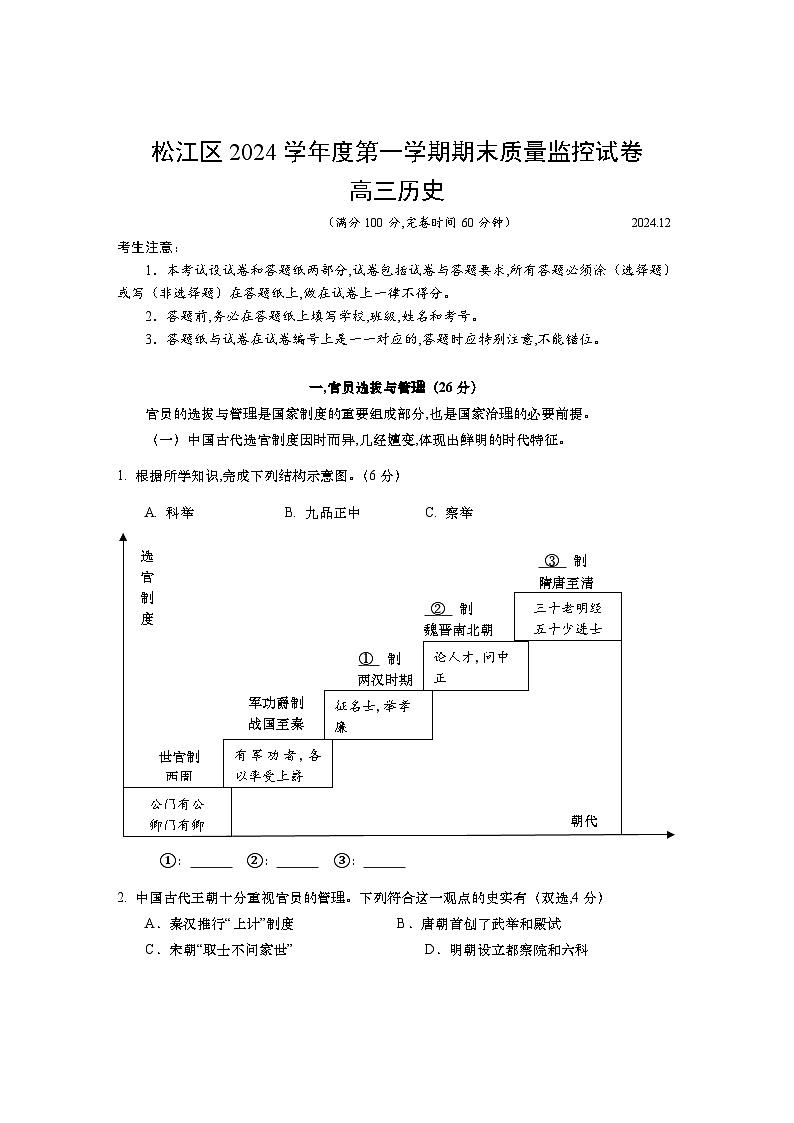 2024-2025学年上海市松江区高三上学期高考一模历史试卷含答案第1页