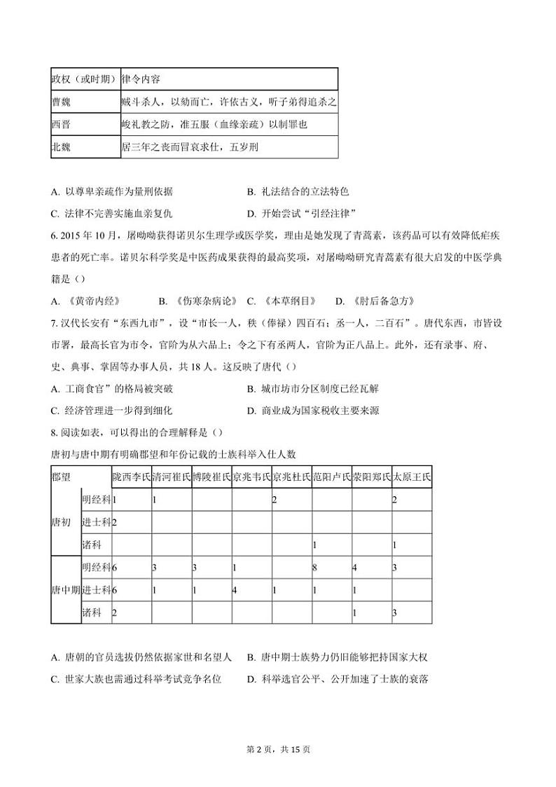 2023～2024学年北京市东城区高二(上)期末考试历史试卷(含答案)第2页