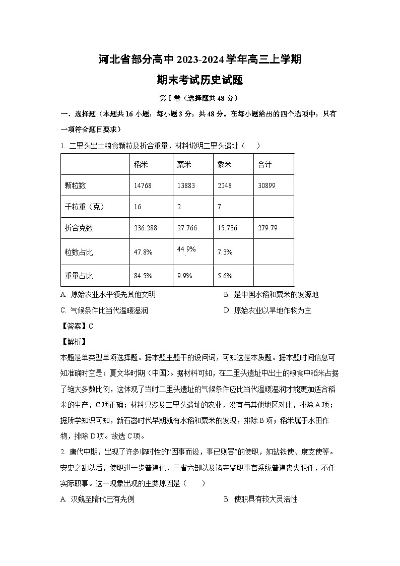 2023-2024学年河北省部分高中高三(上)期末考试历史试卷第1页