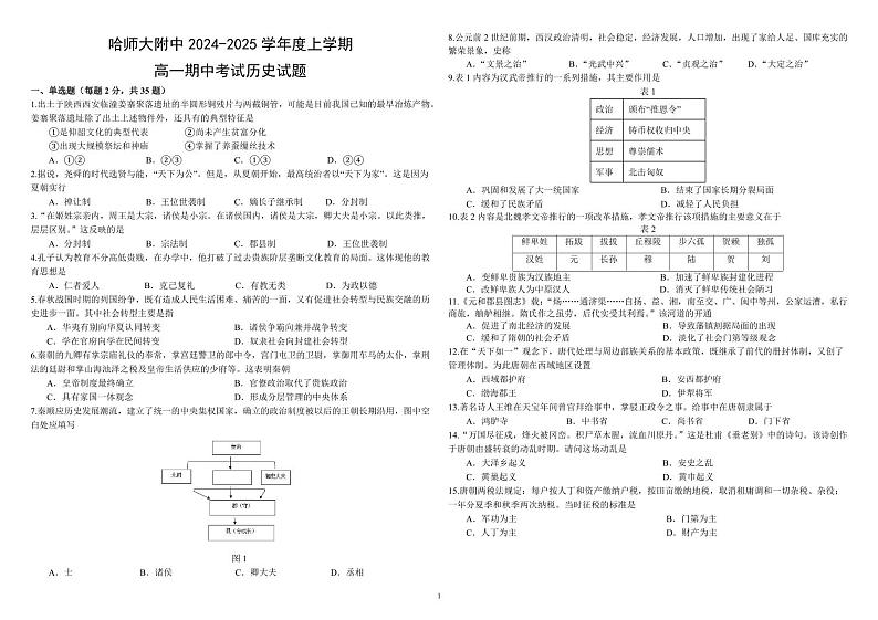 黑龙江省哈尔滨师范大学附属中学2024-2025学年高一上学期期中考试历史试卷（PDF版附答案）第1页