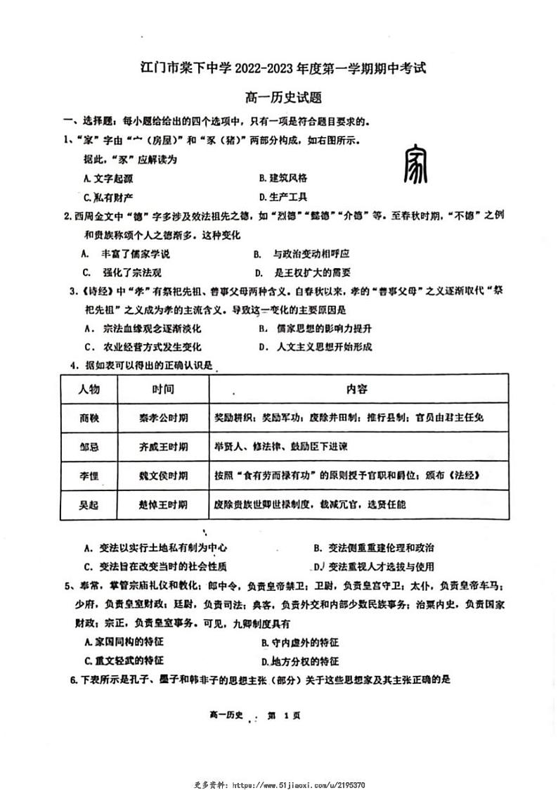 2022～2023学年广东省江门市棠下中学高一(上)期中历史试卷(无答案)第1页