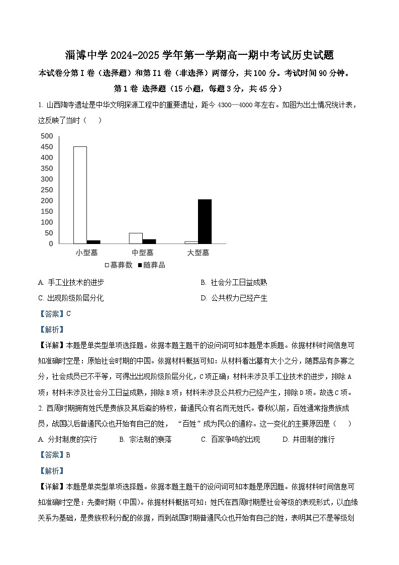山东省淄博中学2024-2025学年高一上学期期中考试历史试题（解析版）-A4第1页