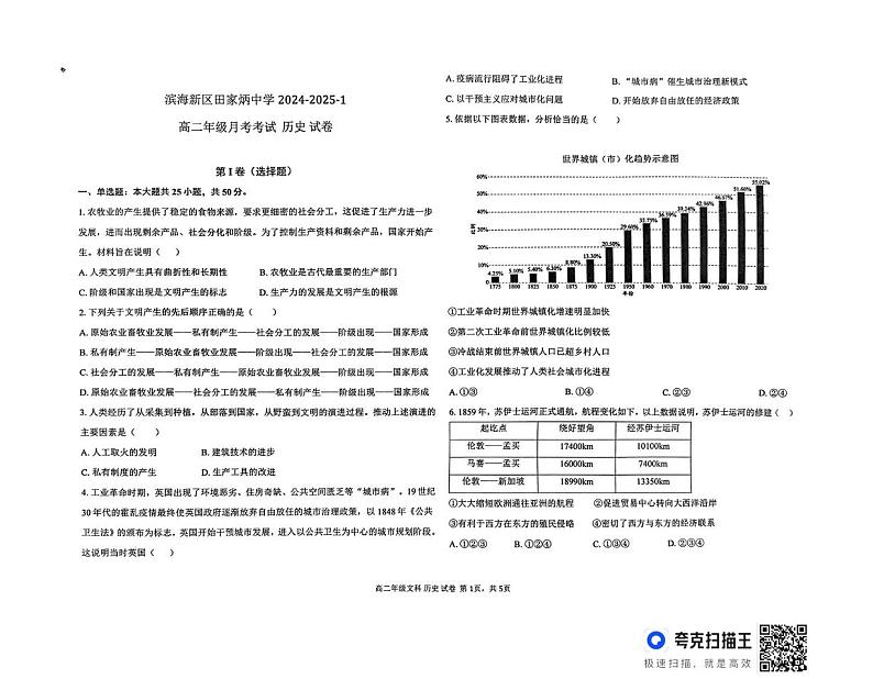 天津市滨海新区田家炳中学2024-2025学年高二年级上学期12月月考历史试卷第1页