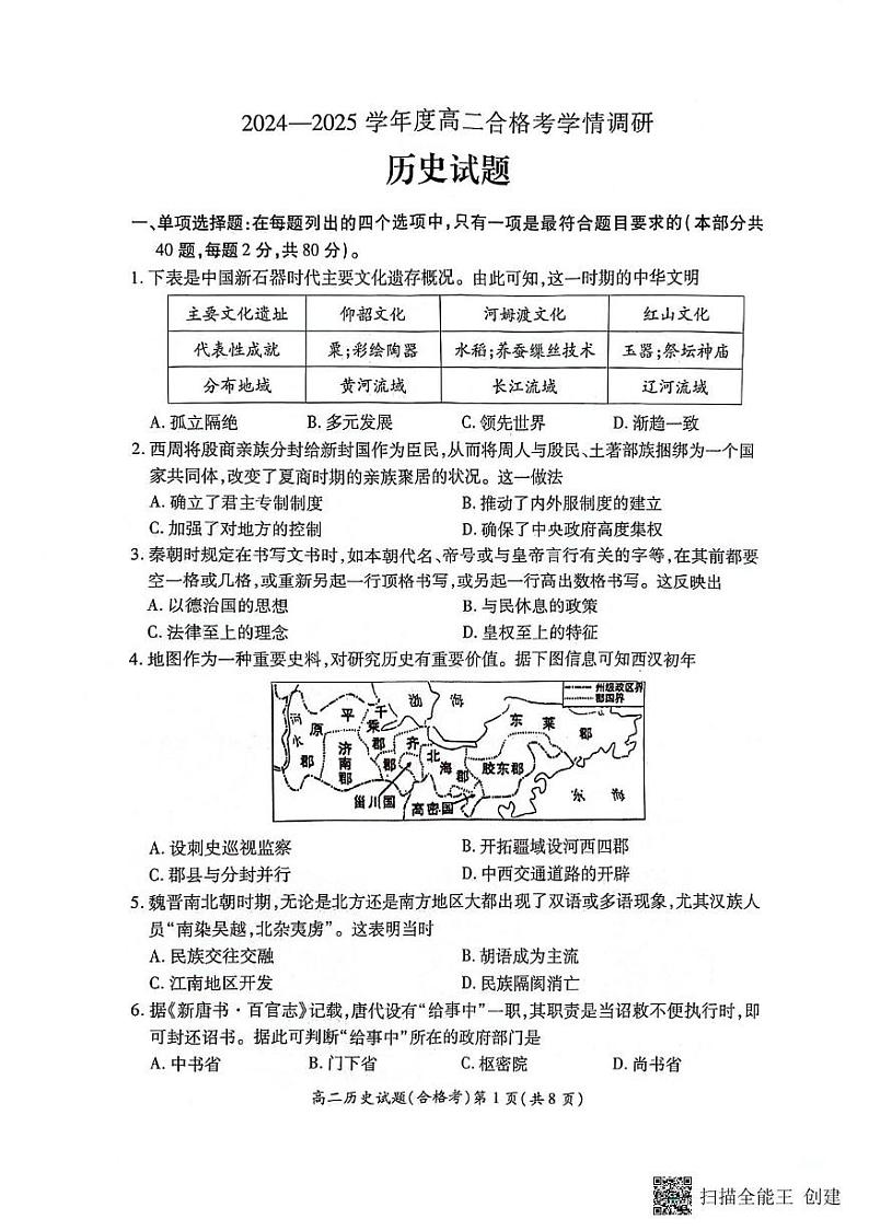 2025年江苏省徐州市高二学业水平测试（合格考）模拟测试历史试卷第1页