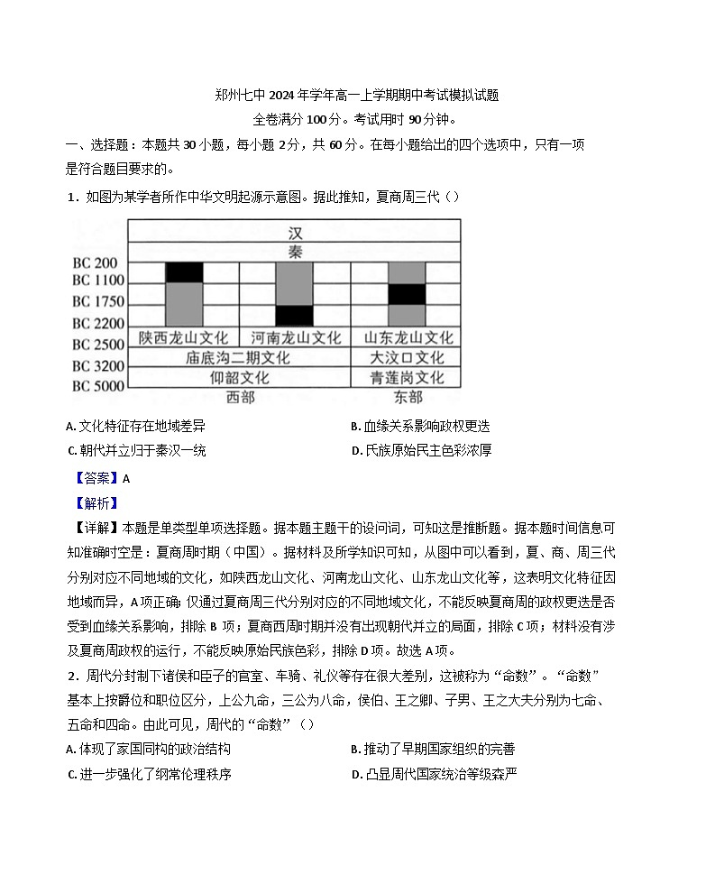 2024-2025学年度河南省郑州市第七高级中学高一上学期期中考试模拟历史试题(解析版)第1页