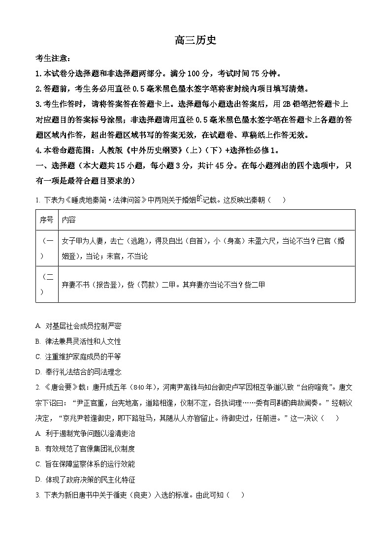 湖南省2024-2025学年高三上学期12月联考历史试卷  Word版无答案第1页