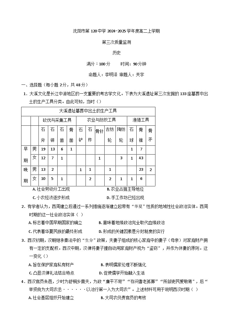 2024-2025学年度辽宁省沈阳市第一二〇中学高二上学期第三次质量监历史试卷第1页