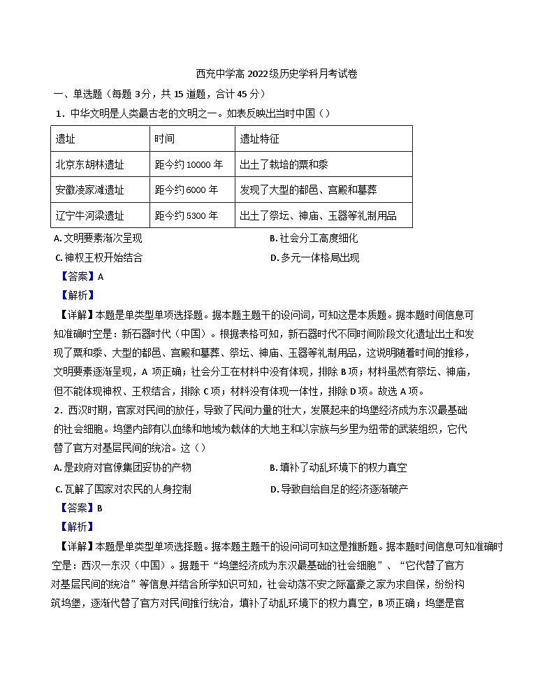 2024-2025学年度四川省西充中学高三上学期11月月考历史试题(解析版)第1页