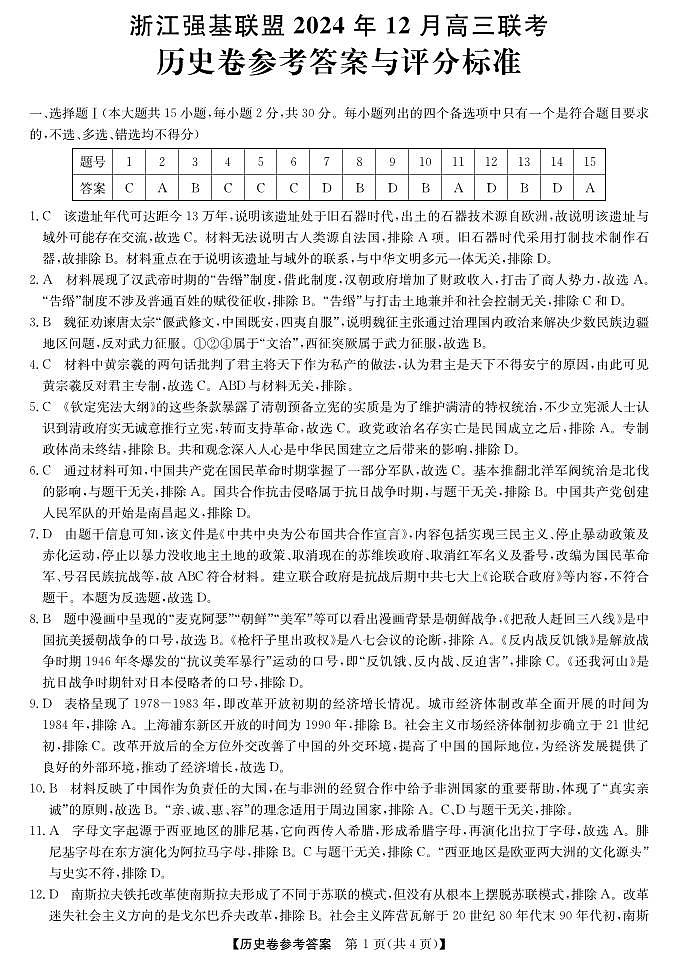 强基联盟高三12月联考--历史答案第1页