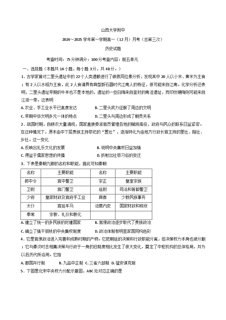 2024-2025学年度山西省山西大学附属中学校高一上学期第三次月考历史试题(含解析)第1页