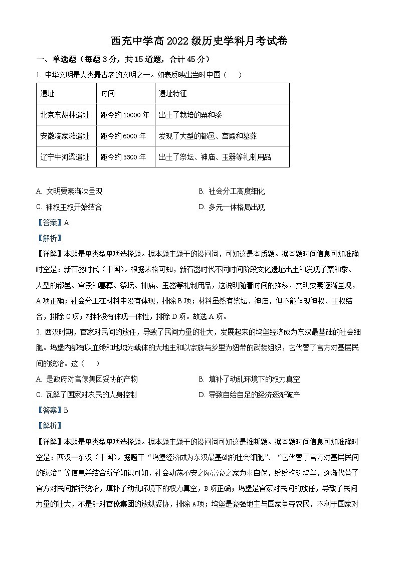 四川省南充市西充中学2024-2025学年高三上学期11月月考历史试题 Word版含解析第1页