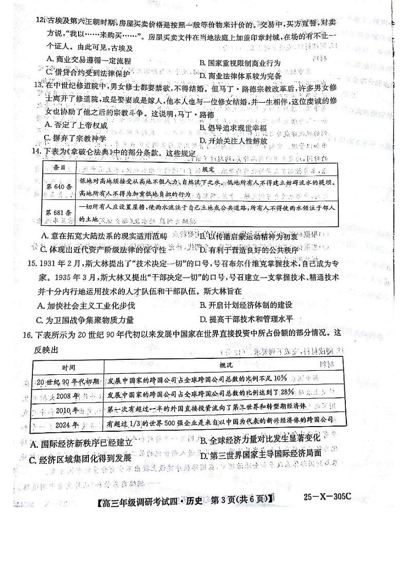2025河南省TOP二十名校高三上学期12月调研考试四历史PDF版含解析第3页