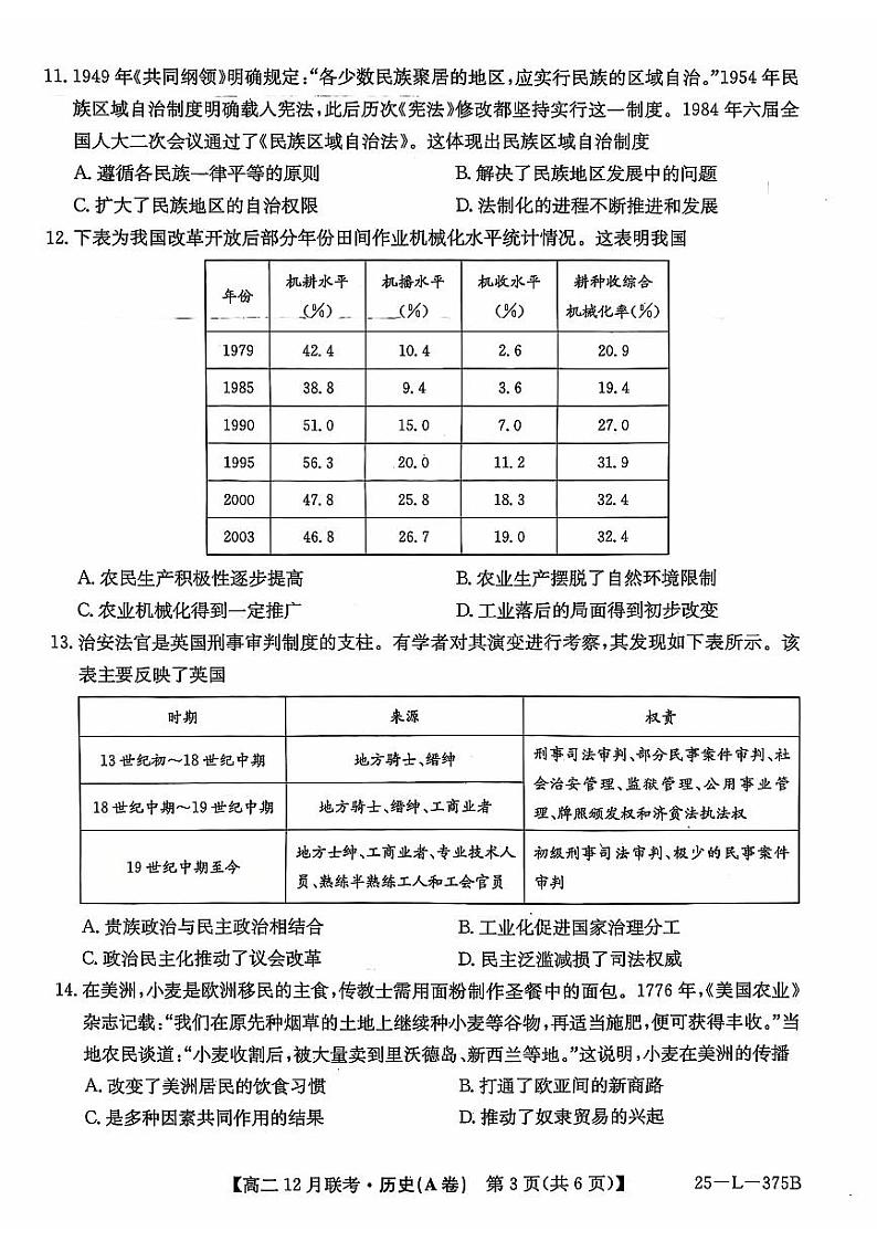 2025安徽省县中联盟高二上学期12月月考历史试题扫描版无答案第3页